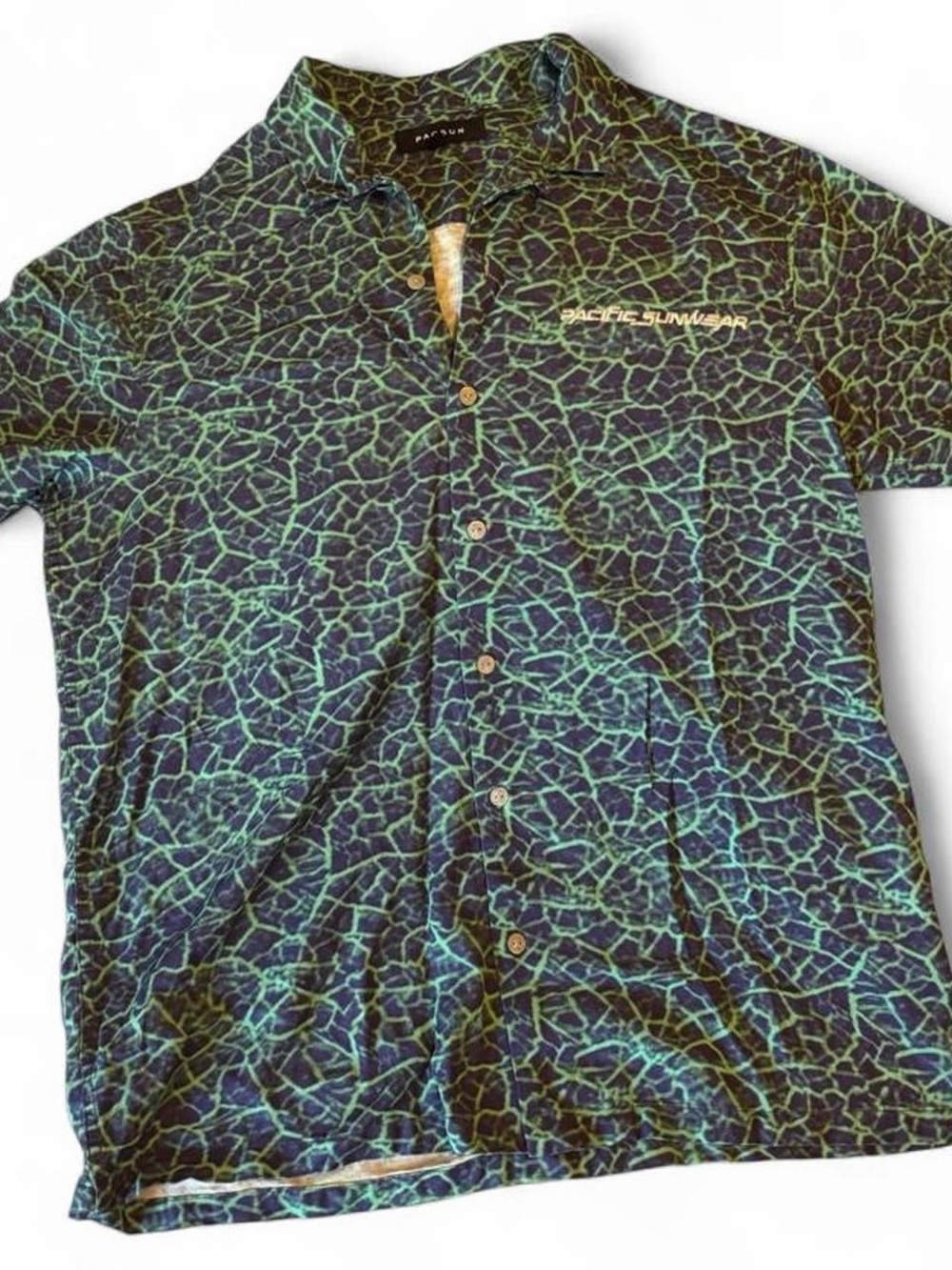 Pacific Sunwear Men’s Short Sleeve Button-Up Shirt - Navy with Teal Crackle